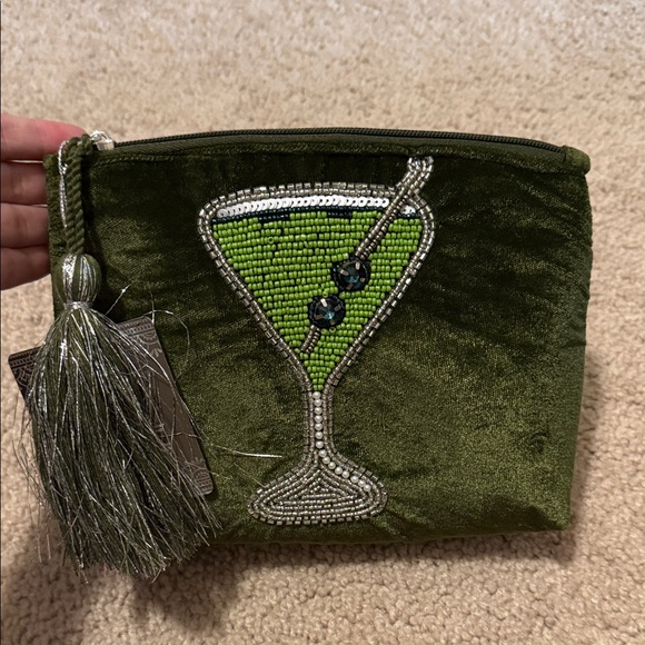 dwell studio Handbags - Green Velvet Clutch with Beaded Martini Design